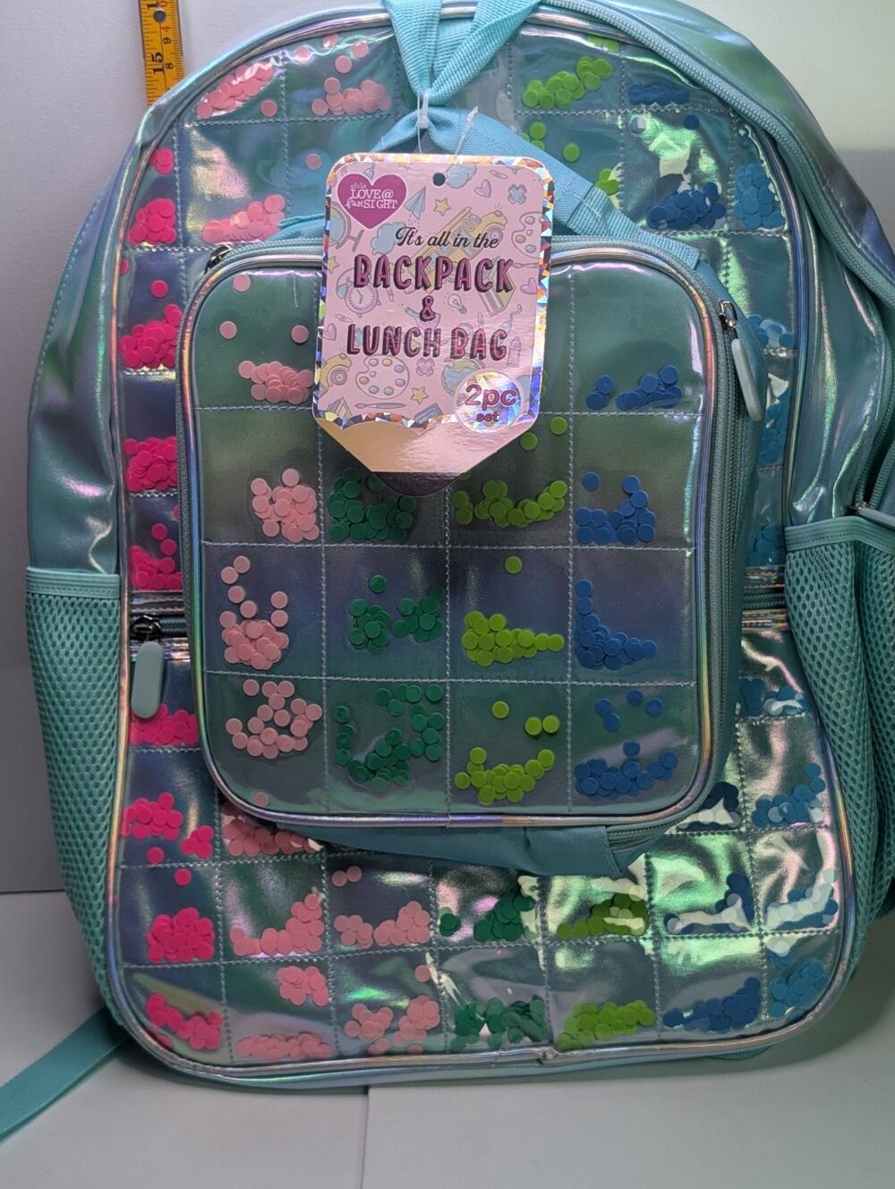 Girls Backpack Lunch Bag 2 Piece Set Aqua Teal Confetti Iridescent School NWT